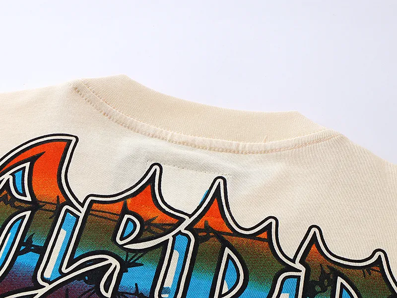 3138# P106 Real shot Godspeed American fashion rock street retro loose printed cotton short sleeves Fabric: 240g 32 count fine cotton double yarn pure cotton Color: apricot Size: S M L XL