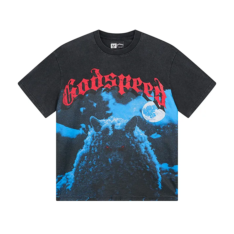 1085# P126 Washed Black Real Shot Godspeed American Fashion Rock Street Retro Washed Distressed Printed Pure Cotton Short Sleeves Fabric: 250g 32 Count Fine Cotton Double Yarn Pure Cotton Color: Washed Black Size: S M L XL