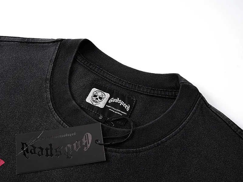 1085# P126 Washed Black Real Shot Godspeed American Fashion Rock Street Retro Washed Distressed Printed Pure Cotton Short Sleeves Fabric: 250g 32 Count Fine Cotton Double Yarn Pure Cotton Color: Washed Black Size: S M L XL