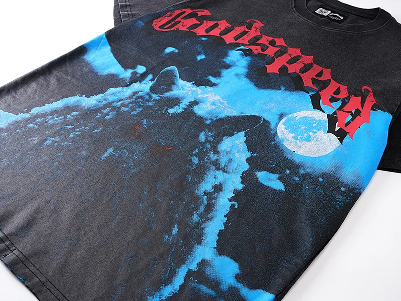 1085# P126 Washed Black Real Shot Godspeed American Fashion Rock Street Retro Washed Distressed Printed Pure Cotton Short Sleeves Fabric: 250g 32 Count Fine Cotton Double Yarn Pure Cotton Color: Washed Black Size: S M L XL