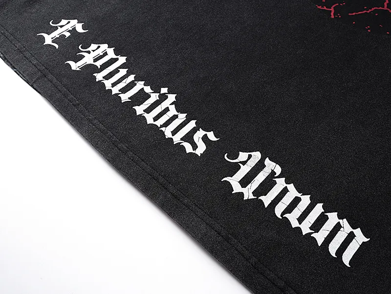 1085# P126 Washed Black Real Shot Godspeed American Fashion Rock Street Retro Washed Distressed Printed Pure Cotton Short Sleeves Fabric: 250g 32 Count Fine Cotton Double Yarn Pure Cotton Color: Washed Black Size: S M L XL