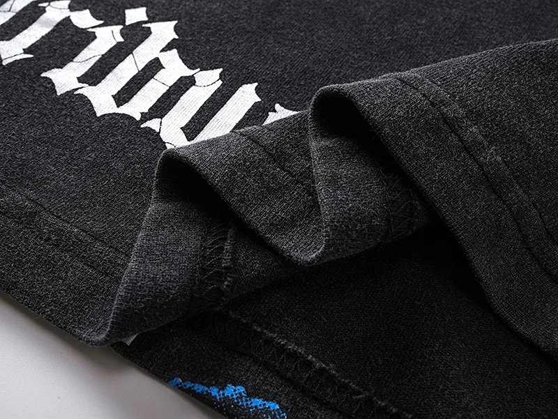 1085# P126 Washed Black Real Shot Godspeed American Fashion Rock Street Retro Washed Distressed Printed Pure Cotton Short Sleeves Fabric: 250g 32 Count Fine Cotton Double Yarn Pure Cotton Color: Washed Black Size: S M L XL