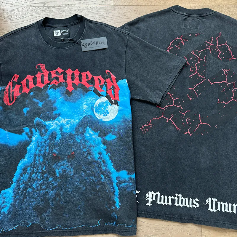 1085# P126 Washed Black Real Shot Godspeed American Fashion Rock Street Retro Washed Distressed Printed Pure Cotton Short Sleeves Fabric: 250g 32 Count Fine Cotton Double Yarn Pure Cotton Color: Washed Black Size: S M L XL