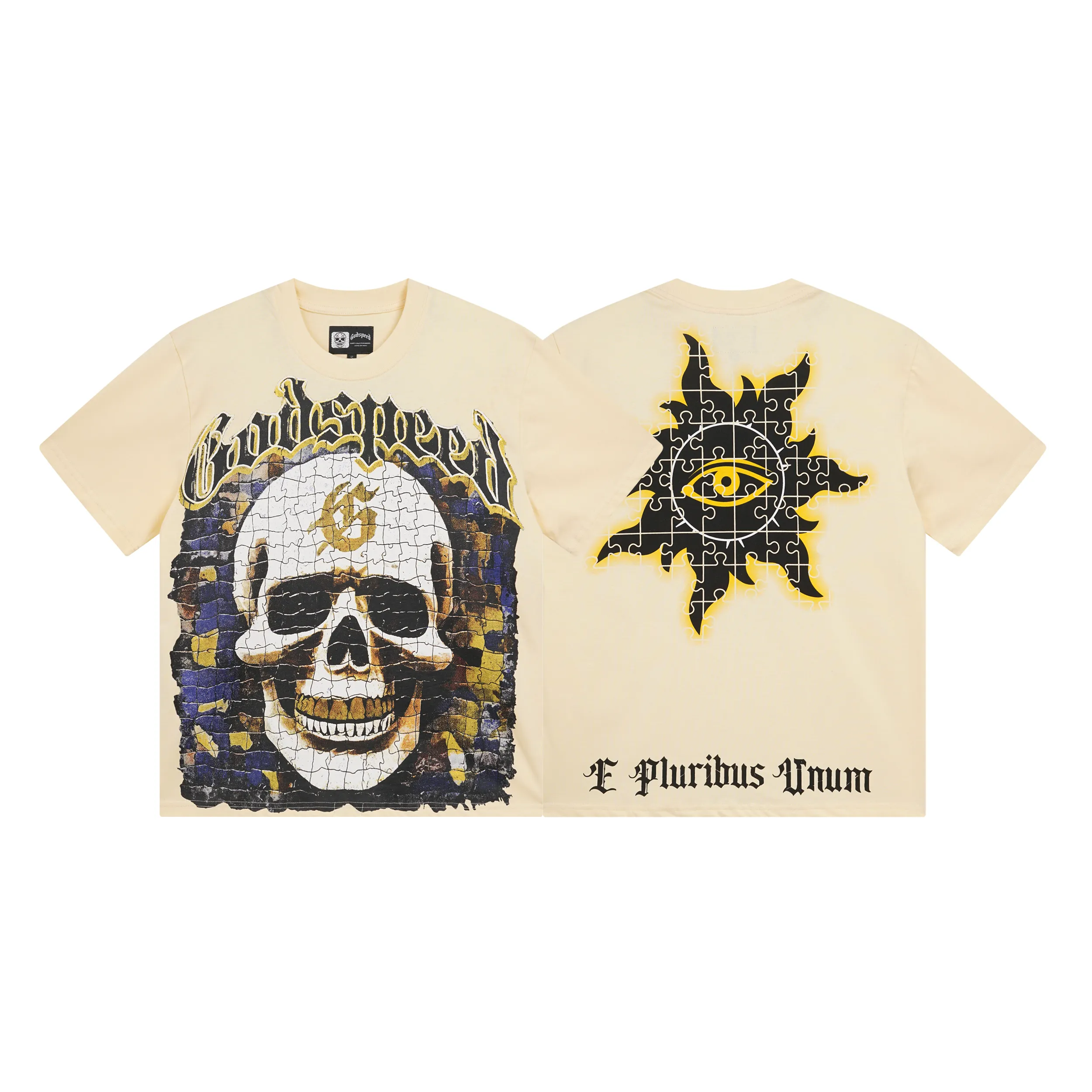 3039# P110 Real shot Godspeed American fashion rock street retro loose printed cotton short sleeves Fabric: 240g 32 count fine cotton double yarn pure cotton Color: apricot Size: S M L XL