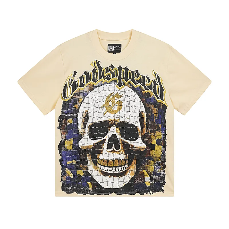 3039# P110 Real shot Godspeed American fashion rock street retro loose printed cotton short sleeves Fabric: 240g 32 count fine cotton double yarn pure cotton Color: apricot Size: S M L XL