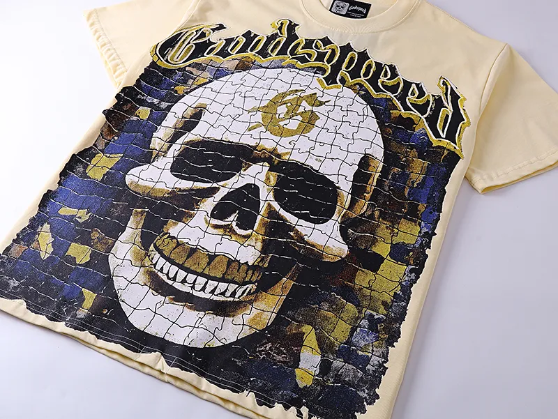 3039# P110 Real shot Godspeed American fashion rock street retro loose printed cotton short sleeves Fabric: 240g 32 count fine cotton double yarn pure cotton Color: apricot Size: S M L XL