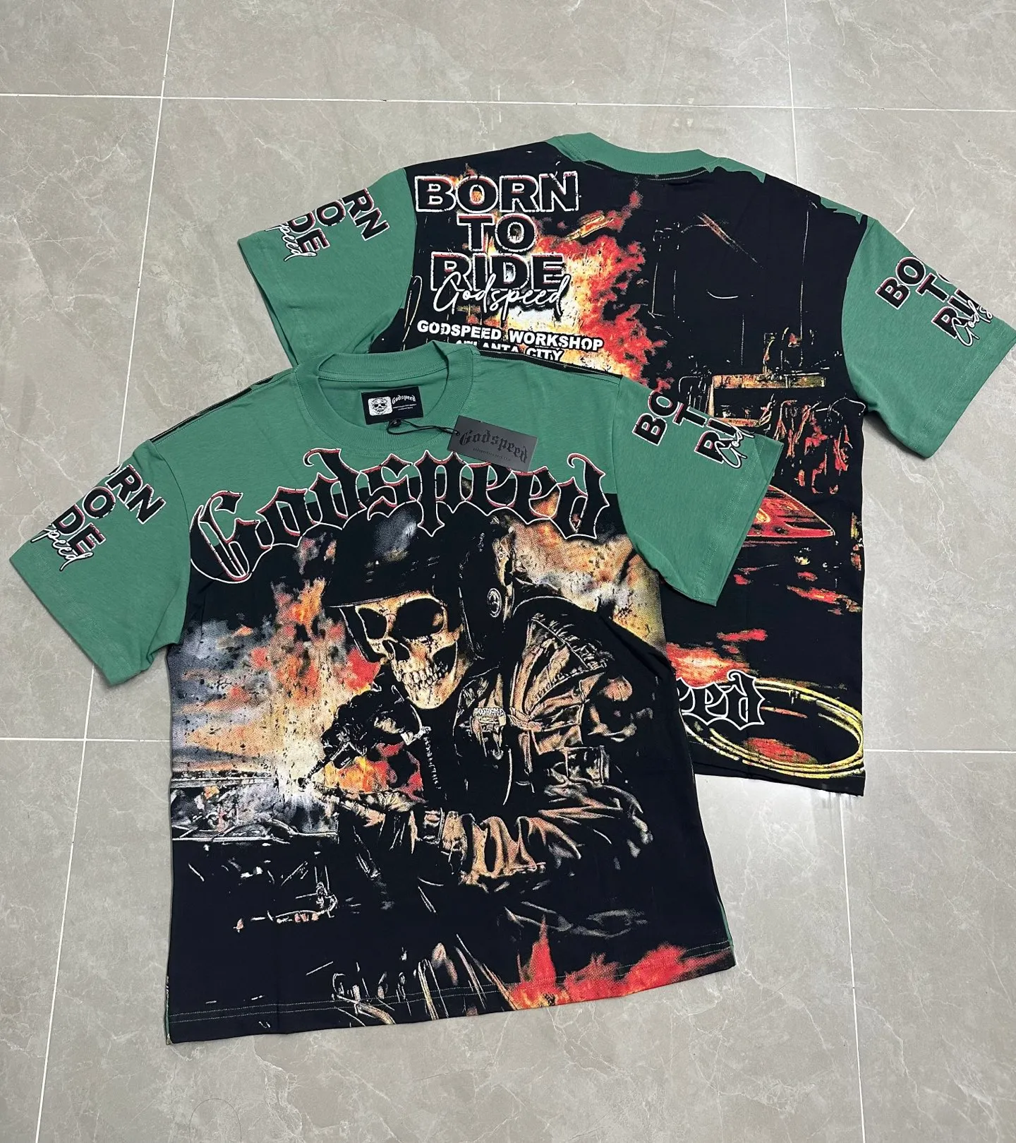 5316#pine cypress green I P104 Godspeed cross-border American rock and roll street washed retro style short-sleeved T (craft printing) fabric (fabric): 32 counts combed double yarn 240 grams weight code number (size): S-M-L-XL color (colour): pine cypress green