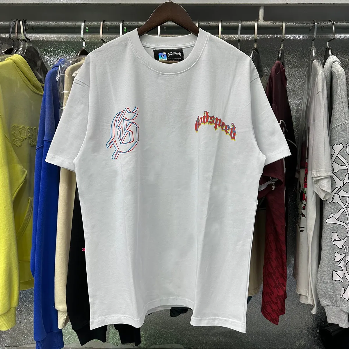 No. 7023, real shot, beautiful Godspeed Western skull denim cactus print high quality double yarn pure cotton casual short-sleeved T-shirt batch 110 Color: black, white, purple; Size: S M L XL
