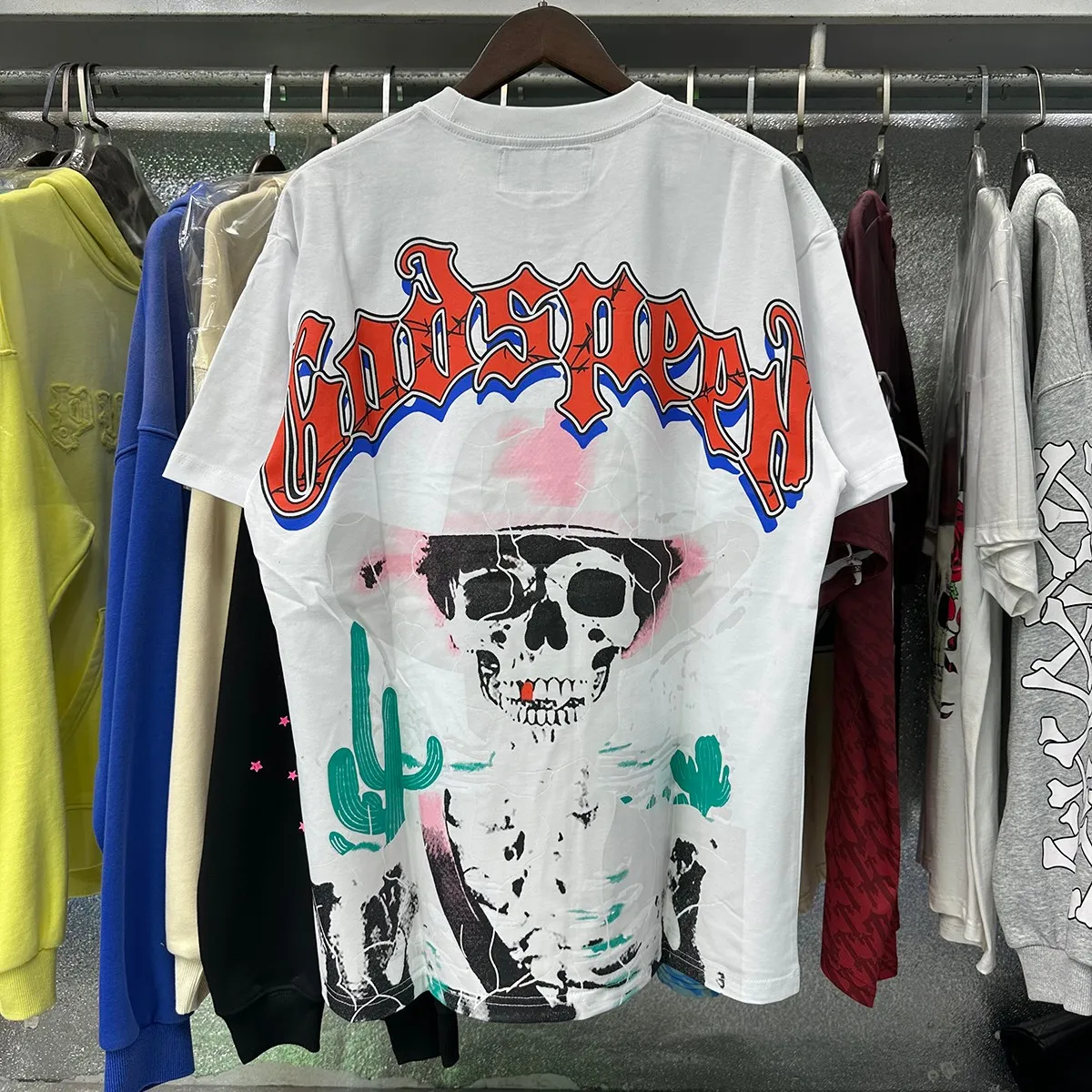No. 7023, real shot, beautiful Godspeed Western skull denim cactus print high quality double yarn pure cotton casual short-sleeved T-shirt batch 110 Color: black, white, purple; Size: S M L XL