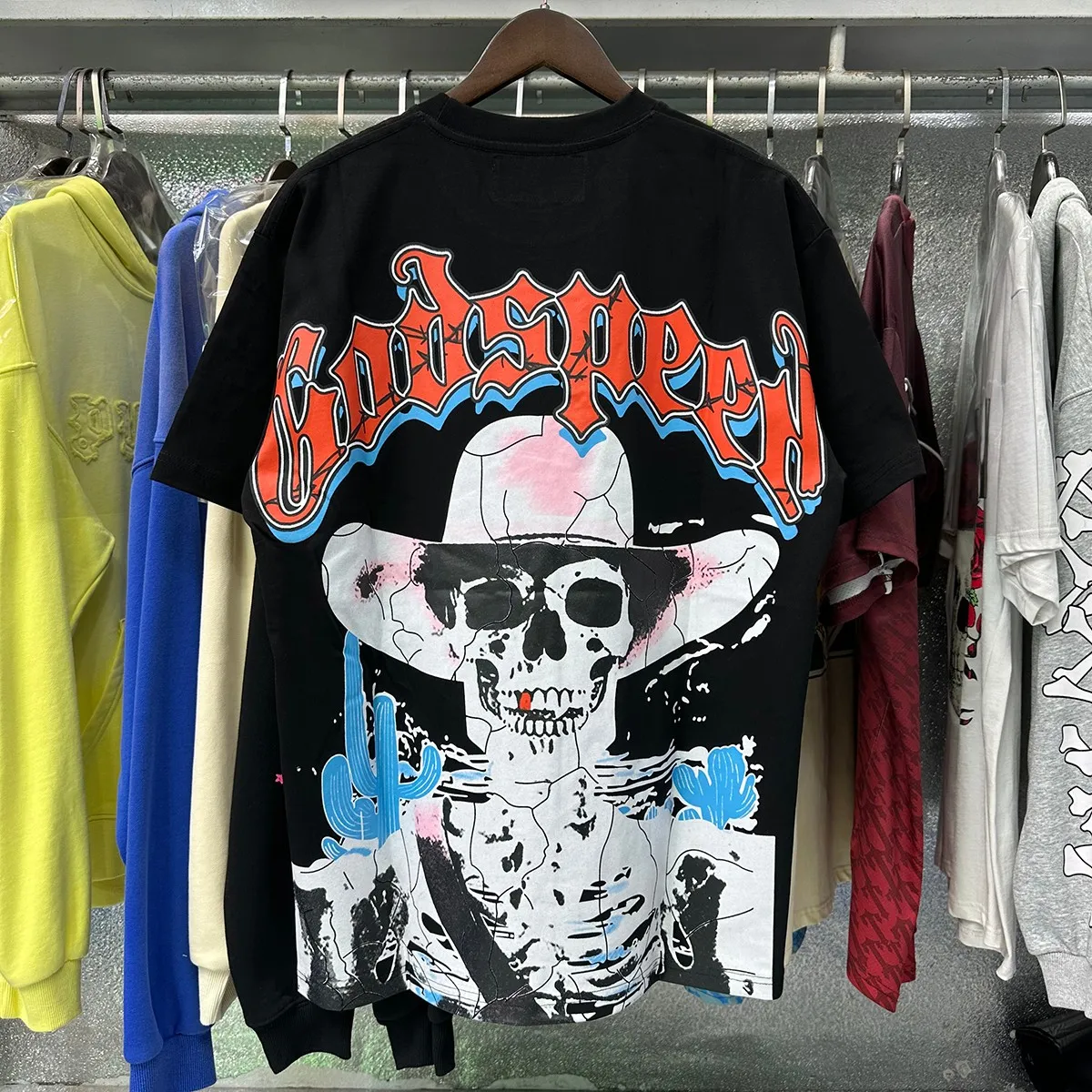 No. 7023, real shot, beautiful Godspeed Western skull denim cactus print high quality double yarn pure cotton casual short-sleeved T-shirt batch 110 Color: black, white, purple; Size: S M L XL