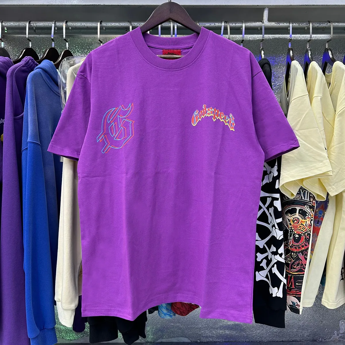 No. 7023, real shot, beautiful Godspeed Western skull denim cactus print high quality double yarn pure cotton casual short-sleeved T-shirt batch 110 Color: black, white, purple; Size: S M L XL