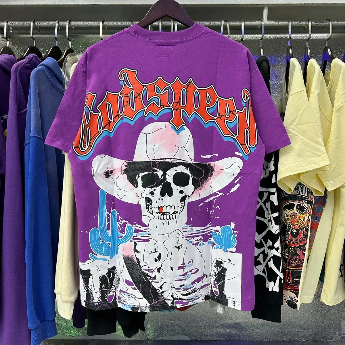 No. 7023, real shot, beautiful Godspeed Western skull denim cactus print high quality double yarn pure cotton casual short-sleeved T-shirt batch 110 Color: black, white, purple; Size: S M L XL