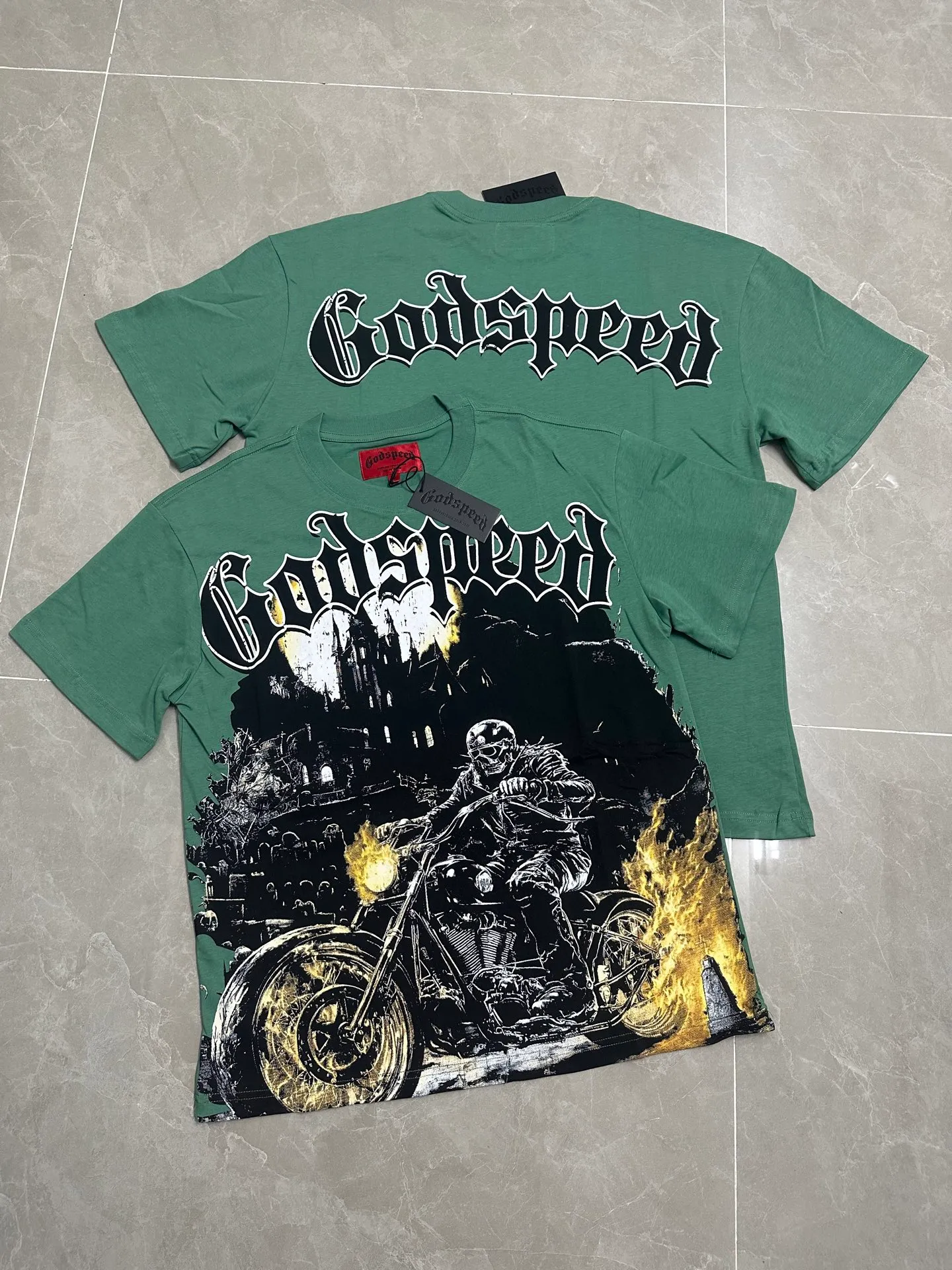 5306#pine cypress green | P106 Godspeed cross-border American rock and roll street washed retro style short-sleeved T (craft printing) fabric (fabric): 32 count combed double yarn 240 grams weight code (size): S-M-L-XL color (colour): pine cypress green 👉