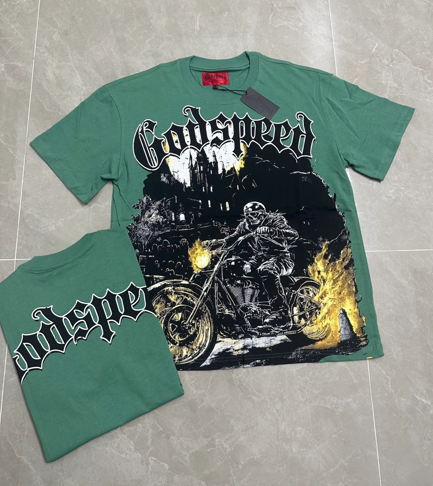 5306#pine cypress green | P106 Godspeed cross-border American rock and roll street washed retro style short-sleeved T (craft printing) fabric (fabric): 32 count combed double yarn 240 grams weight code (size): S-M-L-XL color (colour): pine cypress green 👉