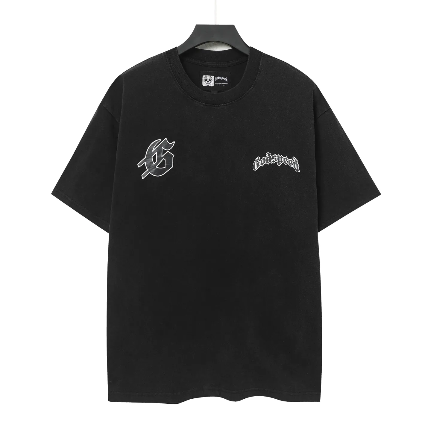 6035# washed black｜P116 Godspeed cross-border American rock and roll street washed retro style short-sleeved T (craft printing) fabric (fabric): 32 count combed double yarn 250 grams weight code (size): S-M-L-XL color (colour): washed black 👉