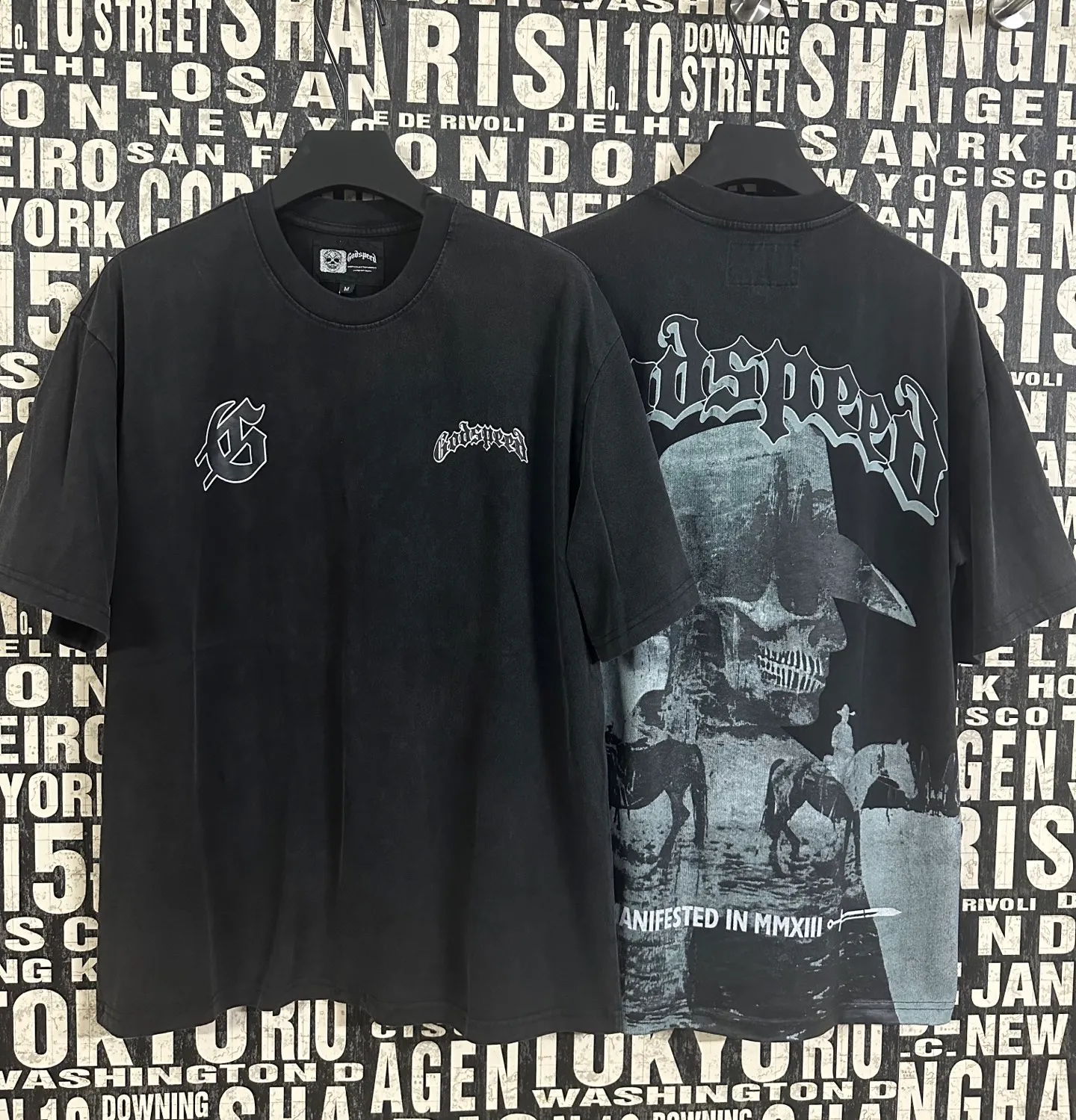 6035# washed black｜P116 Godspeed cross-border American rock and roll street washed retro style short-sleeved T (craft printing) fabric (fabric): 32 count combed double yarn 250 grams weight code (size): S-M-L-XL color (colour): washed black 👉
