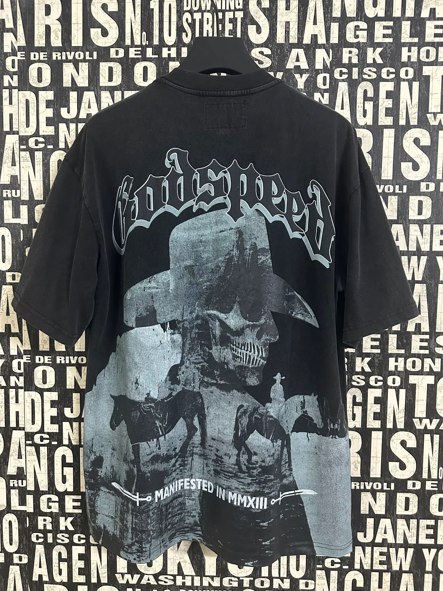 6035# washed black｜P116 Godspeed cross-border American rock and roll street washed retro style short-sleeved T (craft printing) fabric (fabric): 32 count combed double yarn 250 grams weight code (size): S-M-L-XL color (colour): washed black 👉