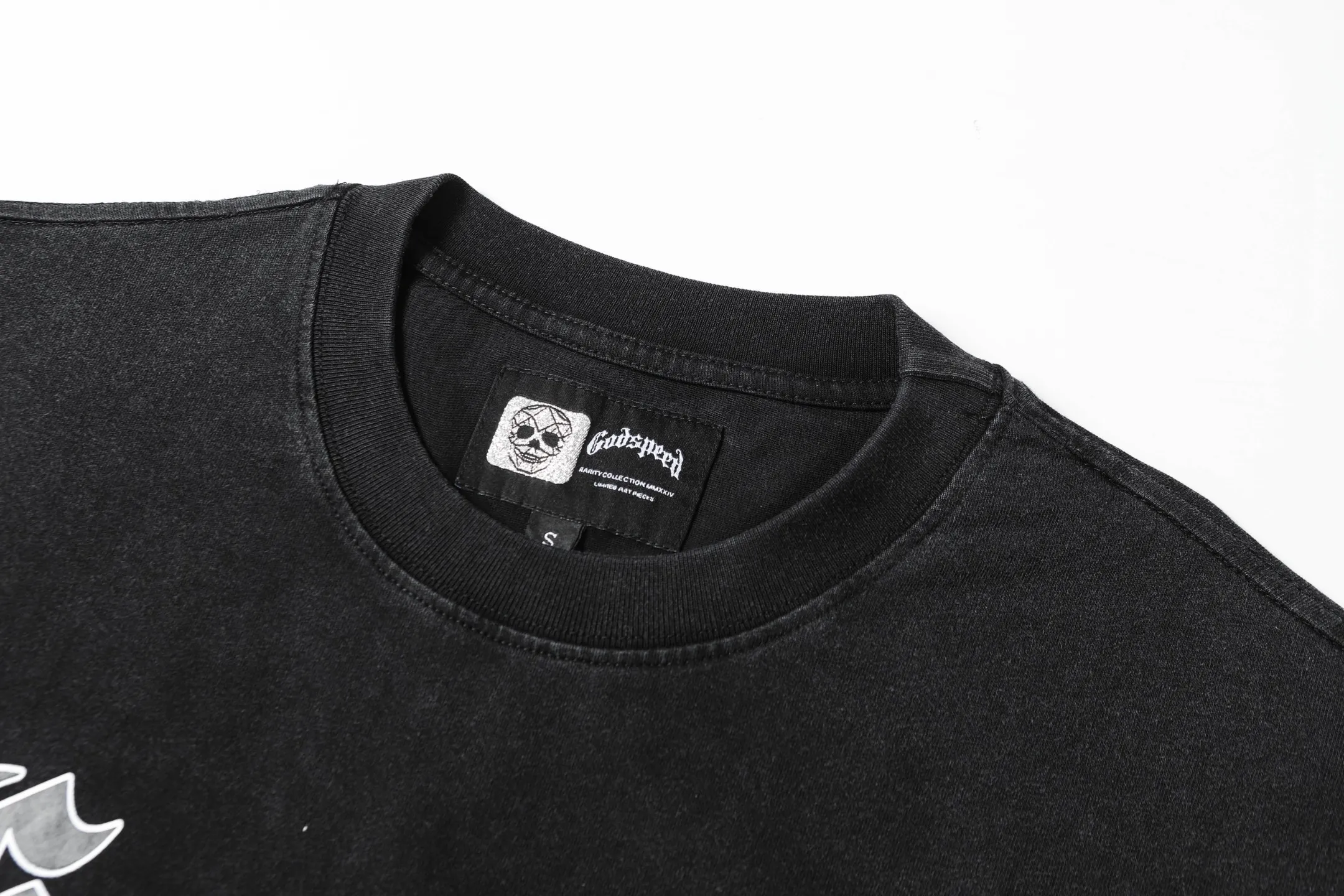 6035# washed black｜P116 Godspeed cross-border American rock and roll street washed retro style short-sleeved T (craft printing) fabric (fabric): 32 count combed double yarn 250 grams weight code (size): S-M-L-XL color (colour): washed black 👉