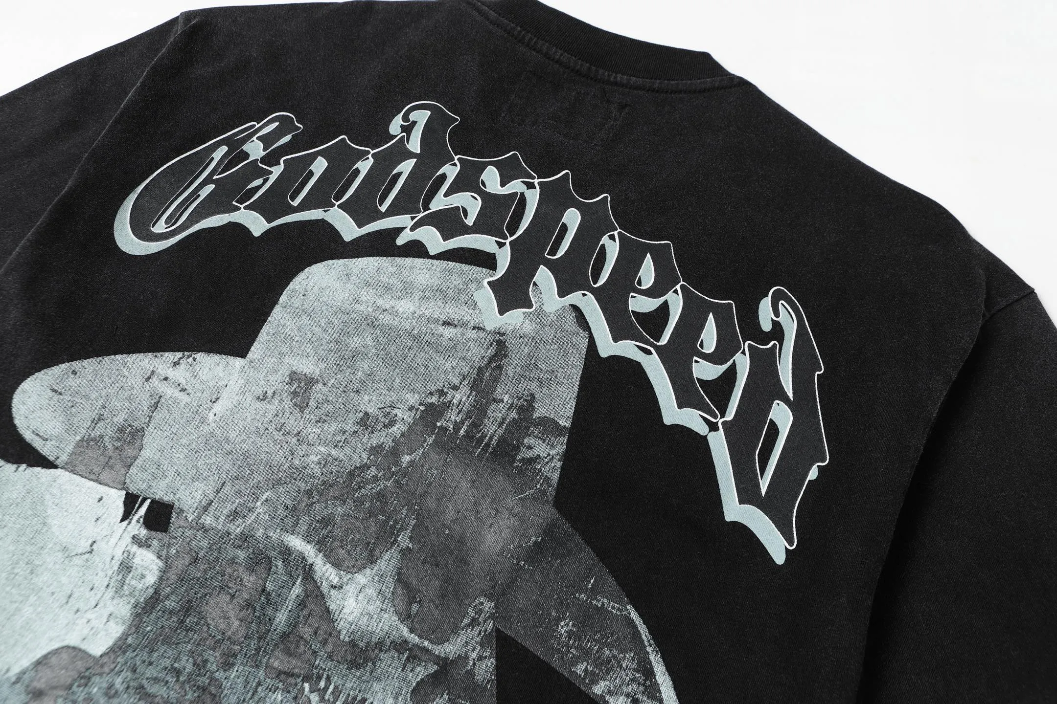 6035# washed black｜P116 Godspeed cross-border American rock and roll street washed retro style short-sleeved T (craft printing) fabric (fabric): 32 count combed double yarn 250 grams weight code (size): S-M-L-XL color (colour): washed black 👉