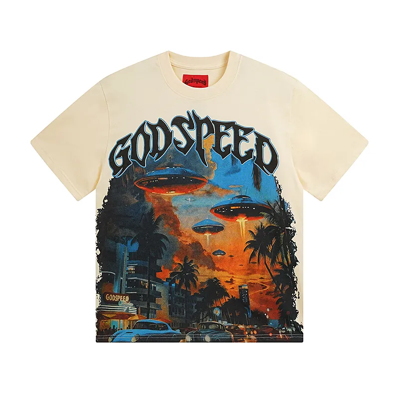 3066# P110 Real shot Godspeed American fashion rock street retro loose printed cotton short sleeves Fabric: 240g 32 count fine cotton double yarn pure cotton Color: apricot Size: S M L XL