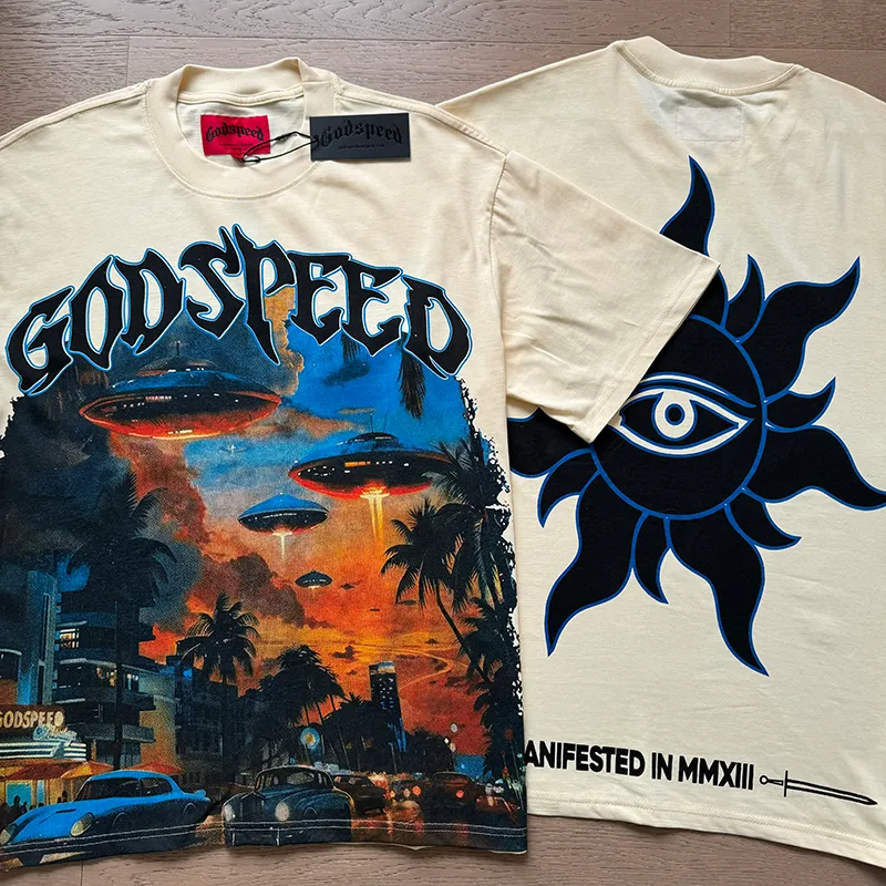 3066# P110 Real shot Godspeed American fashion rock street retro loose printed cotton short sleeves Fabric: 240g 32 count fine cotton double yarn pure cotton Color: apricot Size: S M L XL