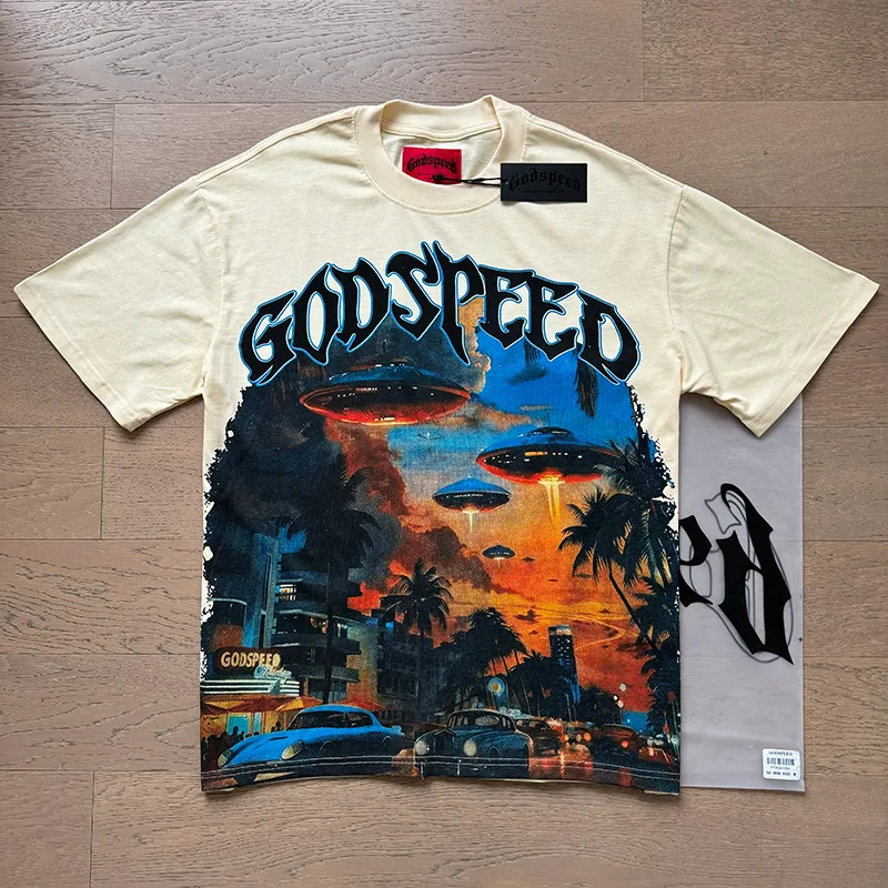 3066# P110 Real shot Godspeed American fashion rock street retro loose printed cotton short sleeves Fabric: 240g 32 count fine cotton double yarn pure cotton Color: apricot Size: S M L XL