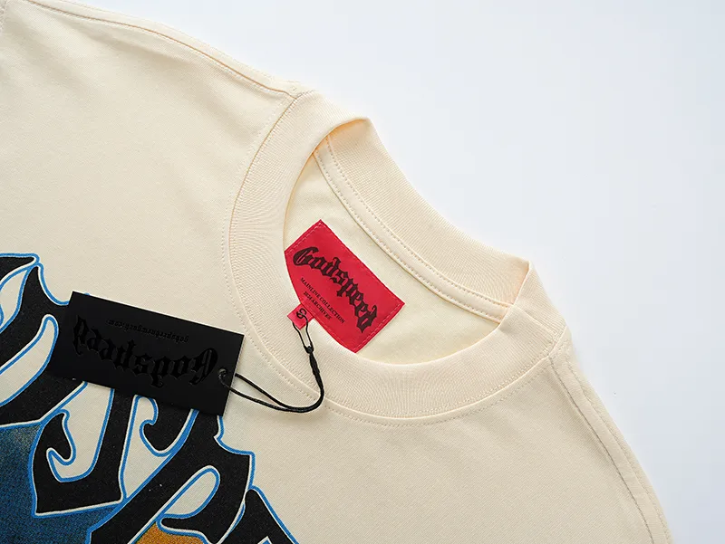 3066# P110 Real shot Godspeed American fashion rock street retro loose printed cotton short sleeves Fabric: 240g 32 count fine cotton double yarn pure cotton Color: apricot Size: S M L XL
