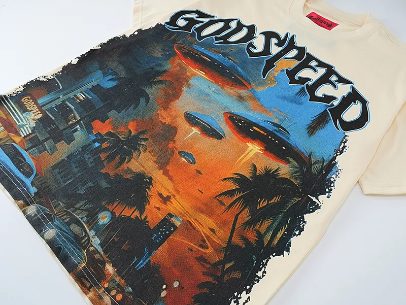 3066# P110 Real shot Godspeed American fashion rock street retro loose printed cotton short sleeves Fabric: 240g 32 count fine cotton double yarn pure cotton Color: apricot Size: S M L XL