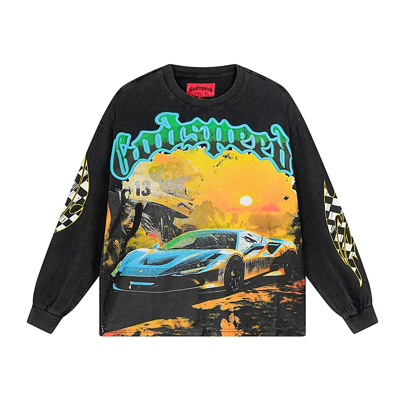 1105# P160 Washed Black Real Shot Godspeed American Fashion Rock Street Retro Washed Distressed Printed Pure Cotton Short Sleeves Fabric: 270g 32 Count Fine Cotton Double Yarn Pure Cotton Color: Washed Black Size: S M L XL
