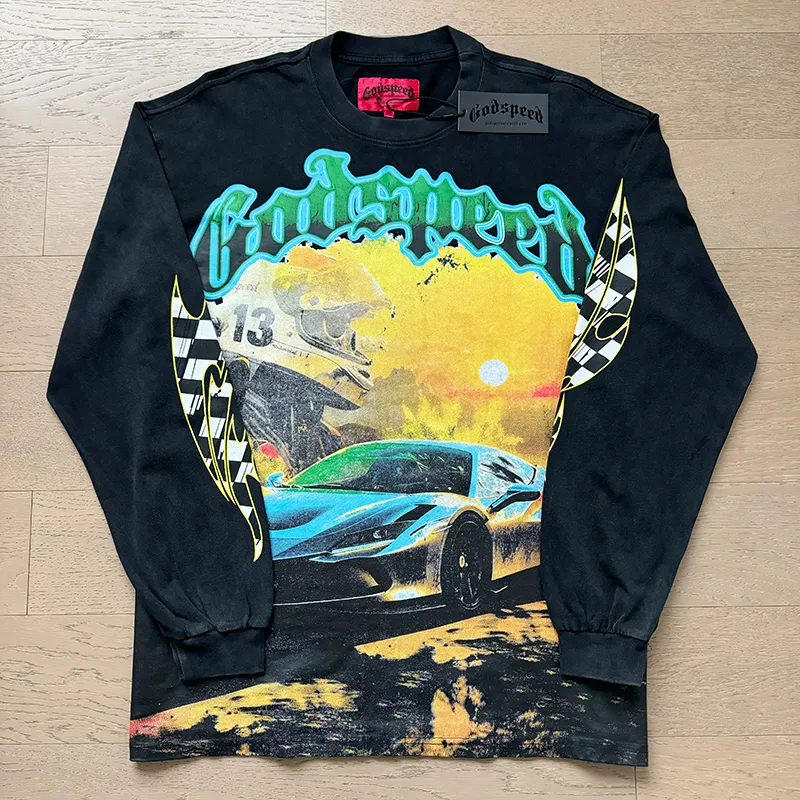 1105# P160 Washed Black Real Shot Godspeed American Fashion Rock Street Retro Washed Distressed Printed Pure Cotton Short Sleeves Fabric: 270g 32 Count Fine Cotton Double Yarn Pure Cotton Color: Washed Black Size: S M L XL