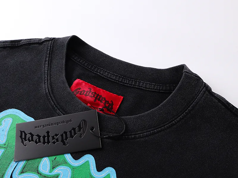 1105# P160 Washed Black Real Shot Godspeed American Fashion Rock Street Retro Washed Distressed Printed Pure Cotton Short Sleeves Fabric: 270g 32 Count Fine Cotton Double Yarn Pure Cotton Color: Washed Black Size: S M L XL