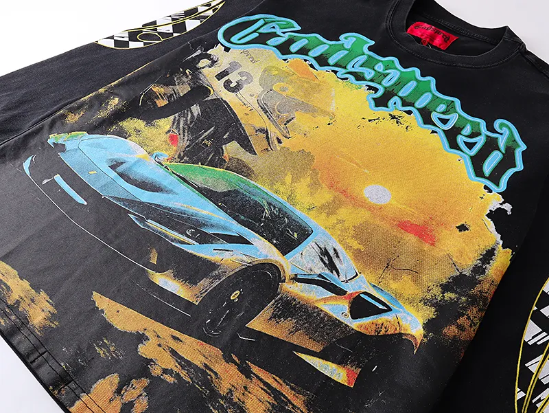 1105# P160 Washed Black Real Shot Godspeed American Fashion Rock Street Retro Washed Distressed Printed Pure Cotton Short Sleeves Fabric: 270g 32 Count Fine Cotton Double Yarn Pure Cotton Color: Washed Black Size: S M L XL
