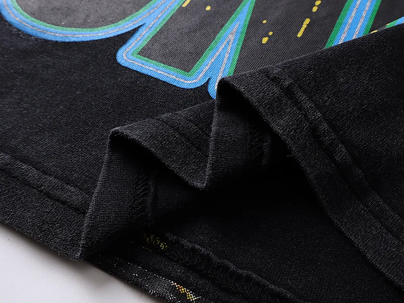 1105# P160 Washed Black Real Shot Godspeed American Fashion Rock Street Retro Washed Distressed Printed Pure Cotton Short Sleeves Fabric: 270g 32 Count Fine Cotton Double Yarn Pure Cotton Color: Washed Black Size: S M L XL