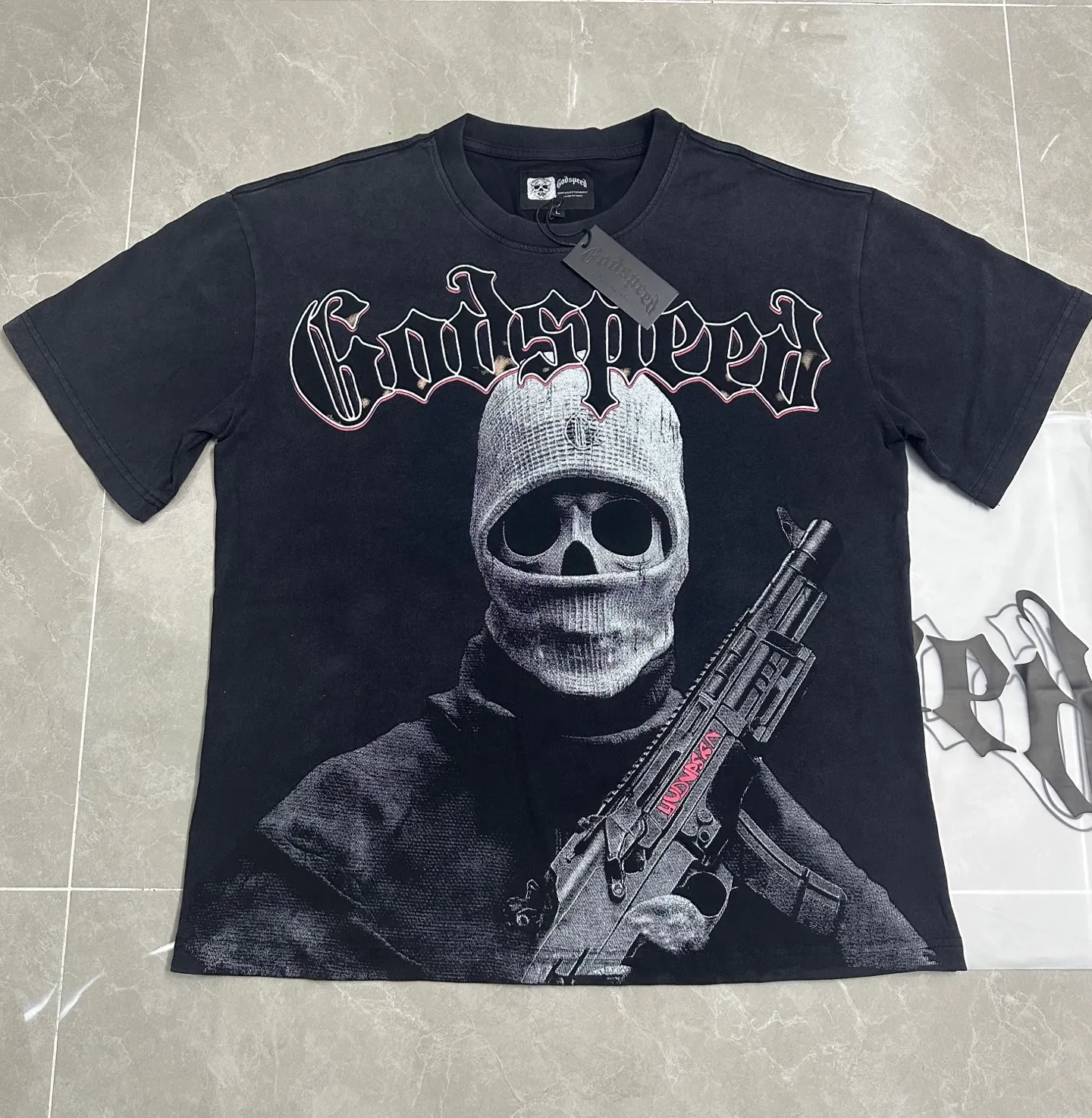 6129# Washed black I P116 Real stock (American fashion niche) - New Godspeed cross-border American rock street washed retro style short-sleeved T (craft printing) Fabric (fabric): 32 counts combed double yarn 250 grams weight Size (size): S-M-L-XL Color (colour): Washed black