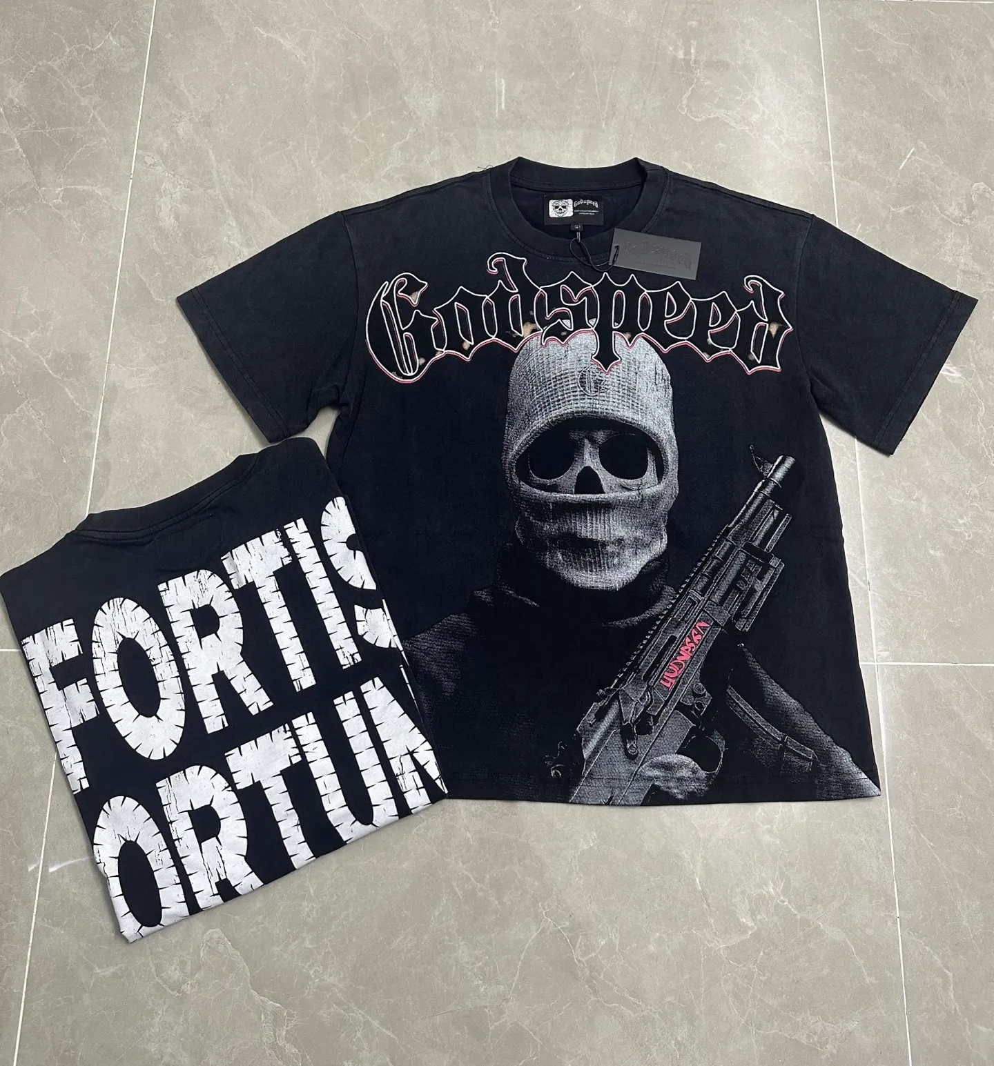 6129# Washed black I P116 Real stock (American fashion niche) - New Godspeed cross-border American rock street washed retro style short-sleeved T (craft printing) Fabric (fabric): 32 counts combed double yarn 250 grams weight Size (size): S-M-L-XL Color (colour): Washed black