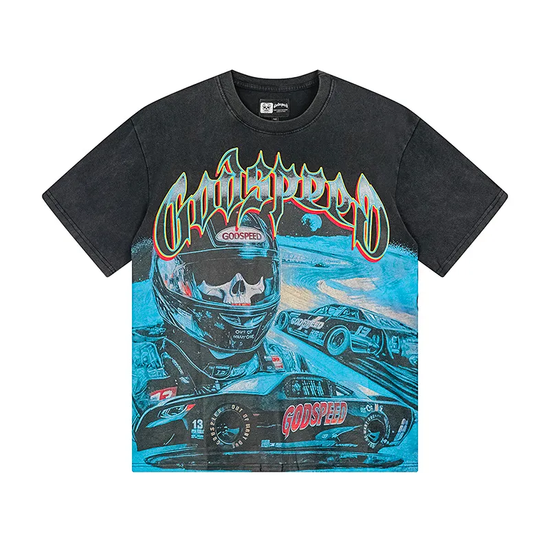 1165# P120 Washed Black Real Shot Godspeed American Fashion Rock Street Retro Washed Distressed Printed Cotton Short Sleeves Fabric: 250g 32 Count Fine Cotton Double Yarn Pure Cotton Color: Washed Black Size: S M L XL