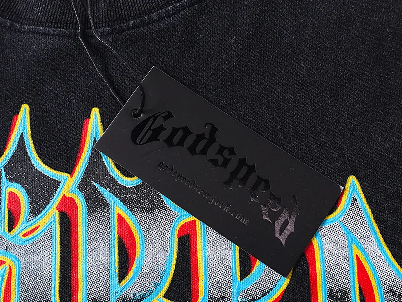 1165# P120 Washed Black Real Shot Godspeed American Fashion Rock Street Retro Washed Distressed Printed Cotton Short Sleeves Fabric: 250g 32 Count Fine Cotton Double Yarn Pure Cotton Color: Washed Black Size: S M L XL
