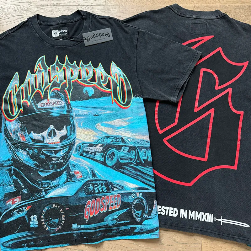 1165# P120 Washed Black Real Shot Godspeed American Fashion Rock Street Retro Washed Distressed Printed Cotton Short Sleeves Fabric: 250g 32 Count Fine Cotton Double Yarn Pure Cotton Color: Washed Black Size: S M L XL