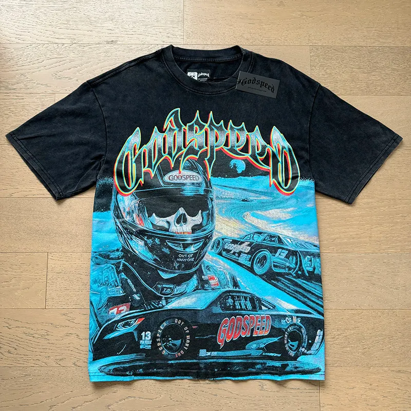 1165# P120 Washed Black Real Shot Godspeed American Fashion Rock Street Retro Washed Distressed Printed Cotton Short Sleeves Fabric: 250g 32 Count Fine Cotton Double Yarn Pure Cotton Color: Washed Black Size: S M L XL
