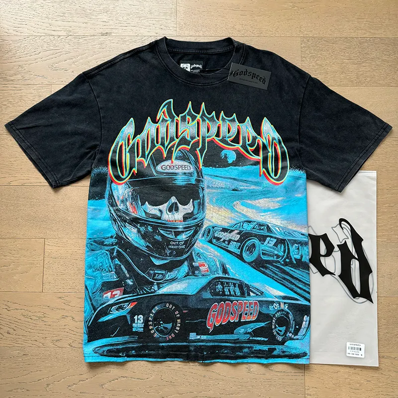 1165# P120 Washed Black Real Shot Godspeed American Fashion Rock Street Retro Washed Distressed Printed Cotton Short Sleeves Fabric: 250g 32 Count Fine Cotton Double Yarn Pure Cotton Color: Washed Black Size: S M L XL