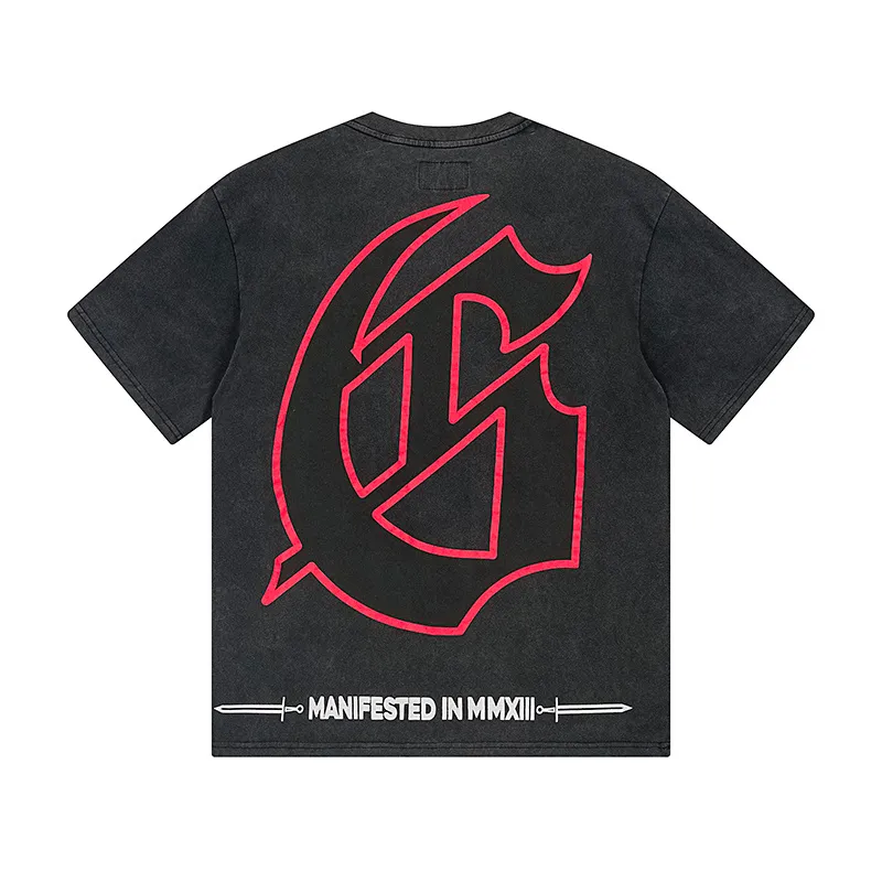 1165# P120 Washed Black Real Shot Godspeed American Fashion Rock Street Retro Washed Distressed Printed Cotton Short Sleeves Fabric: 250g 32 Count Fine Cotton Double Yarn Pure Cotton Color: Washed Black Size: S M L XL