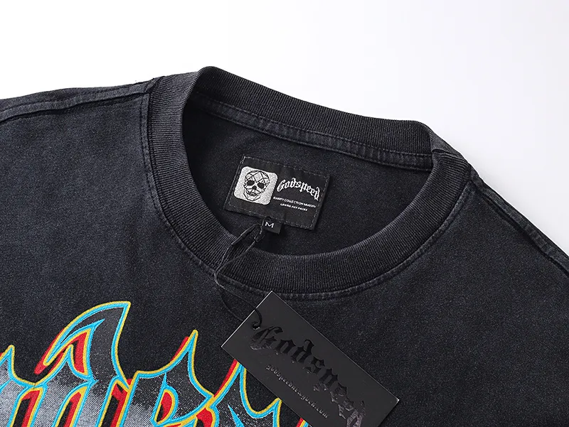 1165# P120 Washed Black Real Shot Godspeed American Fashion Rock Street Retro Washed Distressed Printed Cotton Short Sleeves Fabric: 250g 32 Count Fine Cotton Double Yarn Pure Cotton Color: Washed Black Size: S M L XL