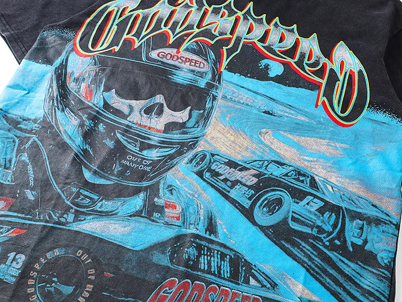 1165# P120 Washed Black Real Shot Godspeed American Fashion Rock Street Retro Washed Distressed Printed Cotton Short Sleeves Fabric: 250g 32 Count Fine Cotton Double Yarn Pure Cotton Color: Washed Black Size: S M L XL