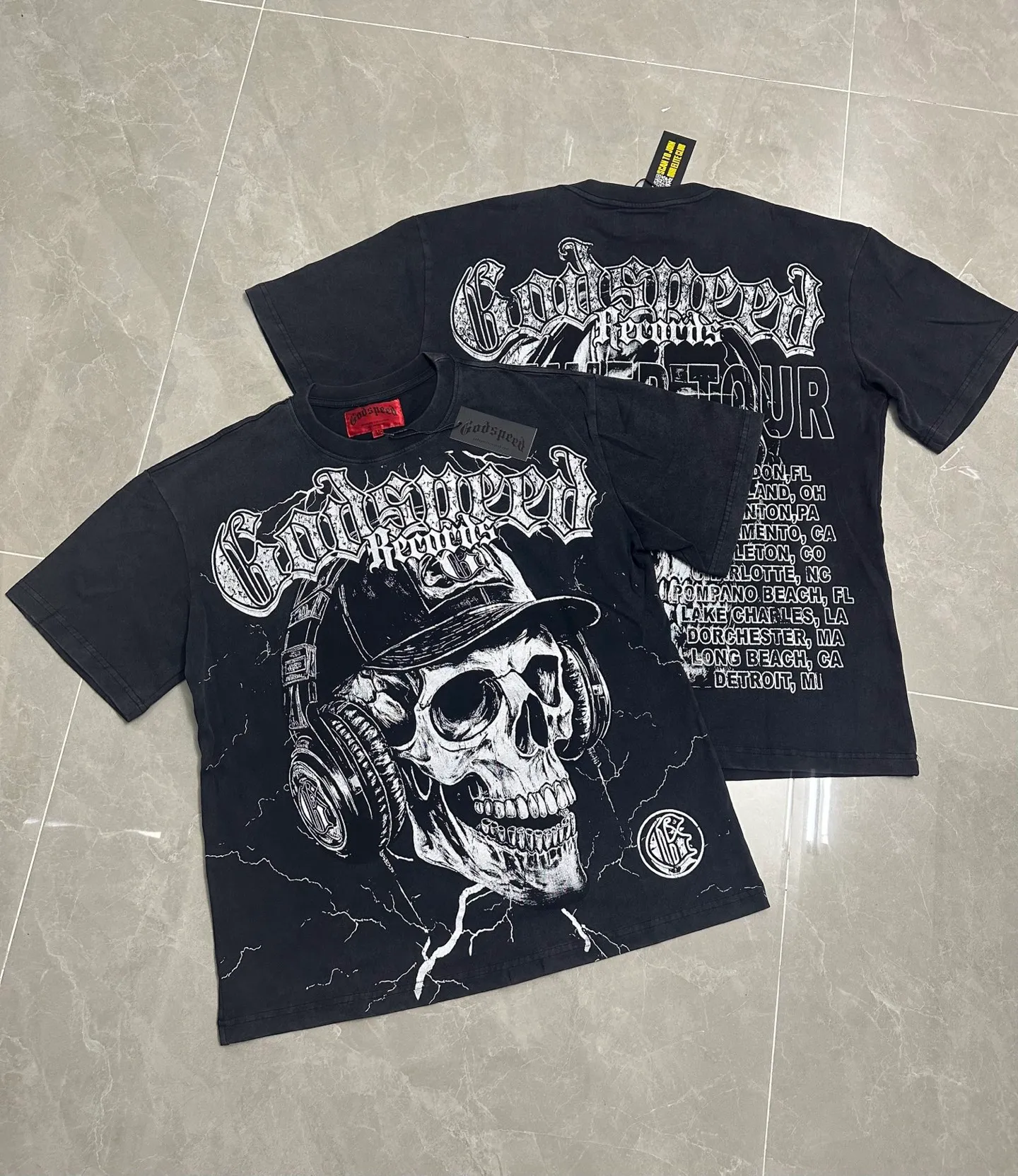 6130# Washed Black I P116 Real Spot (Beautiful Fashion Niche) - New Godspeed Cross-Border American Rock Street Washed Retro Style Short Sleeve T (Craft Printing) Fabric: 32 Count Combed Double Yarn 250g Weight Size: S-M-L-XL Color: Washed Black