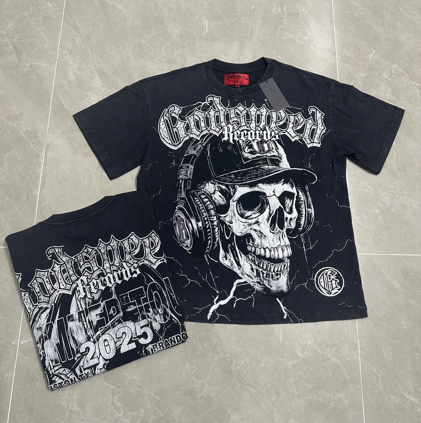 6130# Washed Black I P116 Real Spot (Beautiful Fashion Niche) - New Godspeed Cross-Border American Rock Street Washed Retro Style Short Sleeve T (Craft Printing) Fabric: 32 Count Combed Double Yarn 250g Weight Size: S-M-L-XL Color: Washed Black