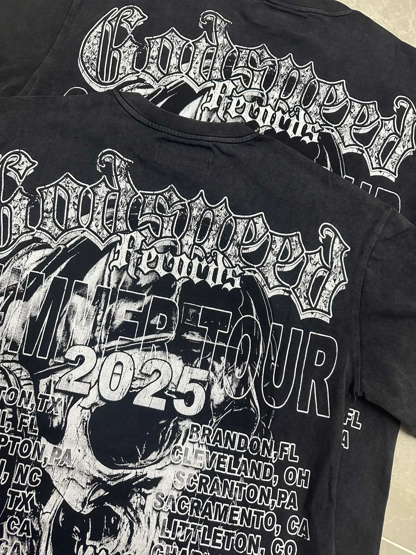 6130# Washed Black I P116 Real Spot (Beautiful Fashion Niche) - New Godspeed Cross-Border American Rock Street Washed Retro Style Short Sleeve T (Craft Printing) Fabric: 32 Count Combed Double Yarn 250g Weight Size: S-M-L-XL Color: Washed Black