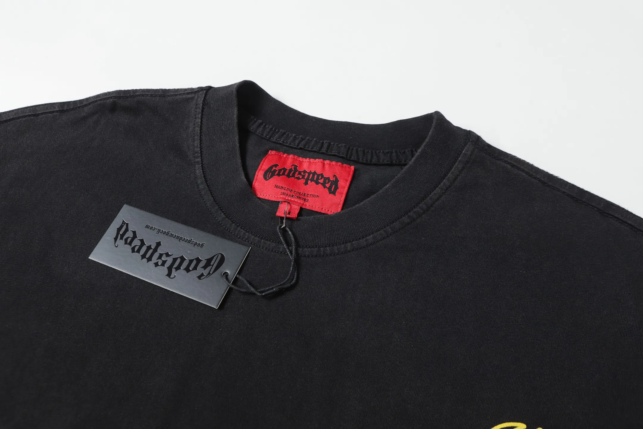 6130# Washed Black I P116 Real Spot (Beautiful Fashion Niche) - New Godspeed Cross-Border American Rock Street Washed Retro Style Short Sleeve T (Craft Printing) Fabric: 32 Count Combed Double Yarn 250g Weight Size: S-M-L-XL Color: Washed Black