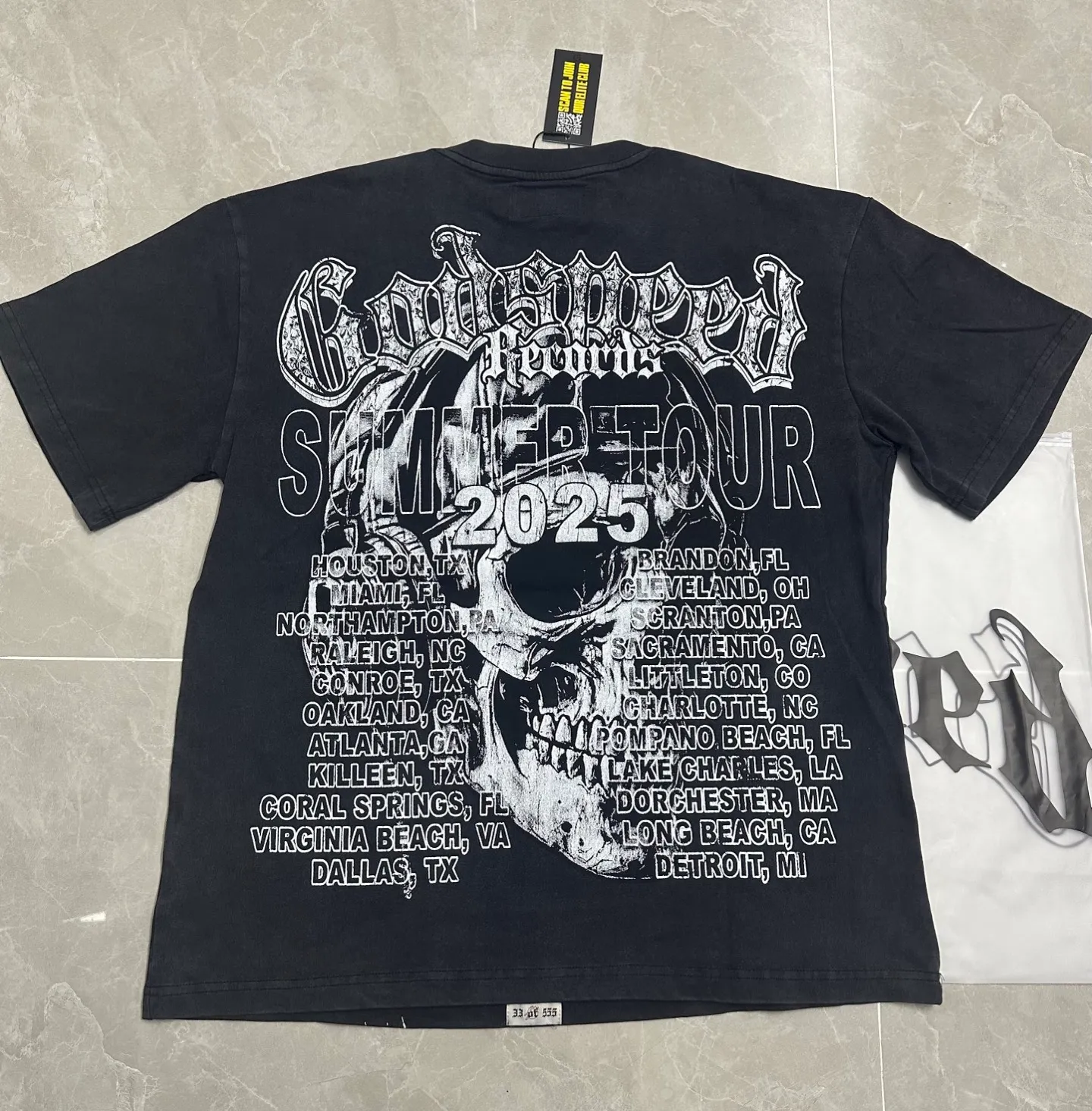 6130# Washed Black I P116 Real Spot (Beautiful Fashion Niche) - New Godspeed Cross-Border American Rock Street Washed Retro Style Short Sleeve T (Craft Printing) Fabric: 32 Count Combed Double Yarn 250g Weight Size: S-M-L-XL Color: Washed Black