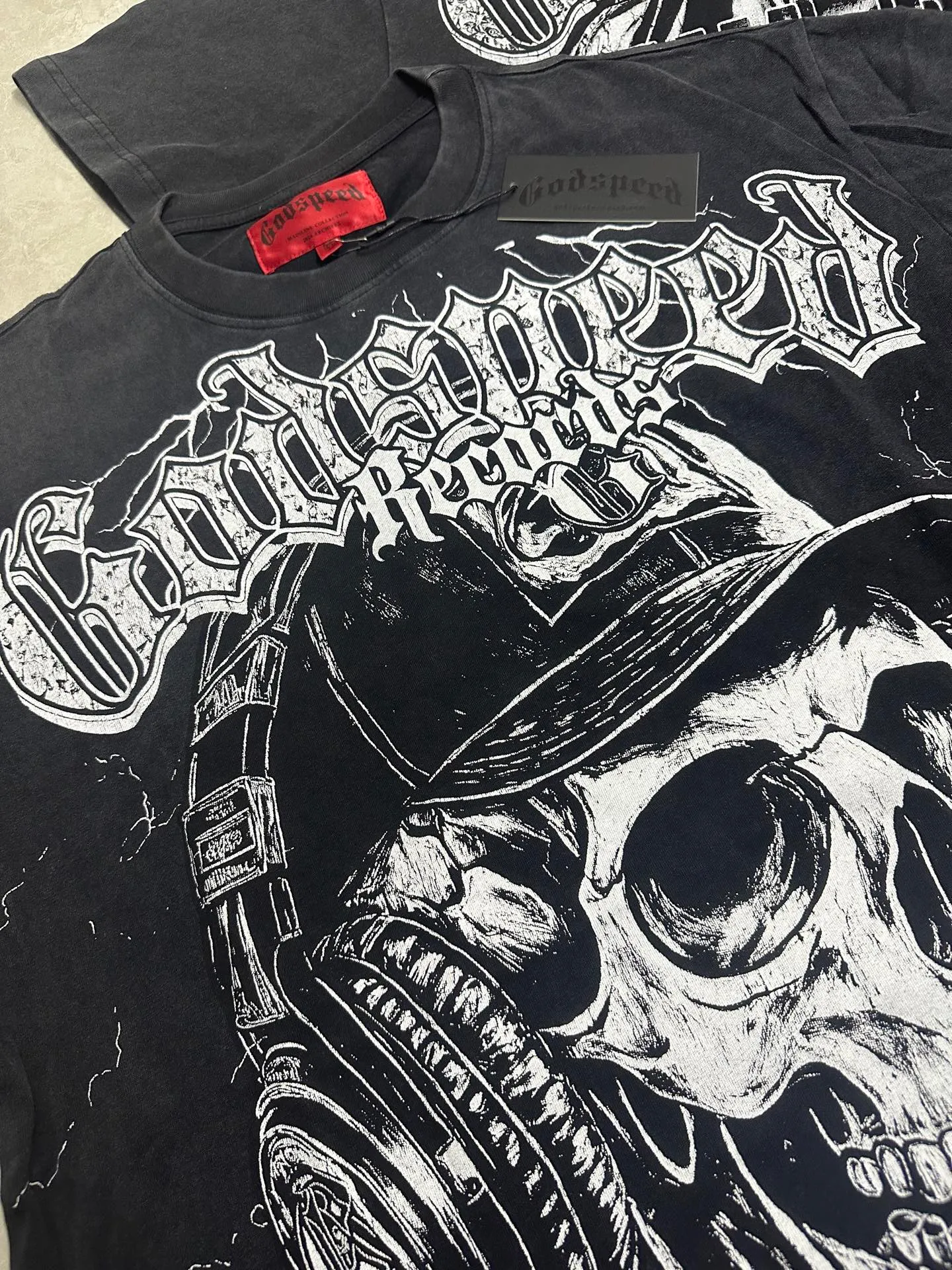 6130# Washed Black I P116 Real Spot (Beautiful Fashion Niche) - New Godspeed Cross-Border American Rock Street Washed Retro Style Short Sleeve T (Craft Printing) Fabric: 32 Count Combed Double Yarn 250g Weight Size: S-M-L-XL Color: Washed Black