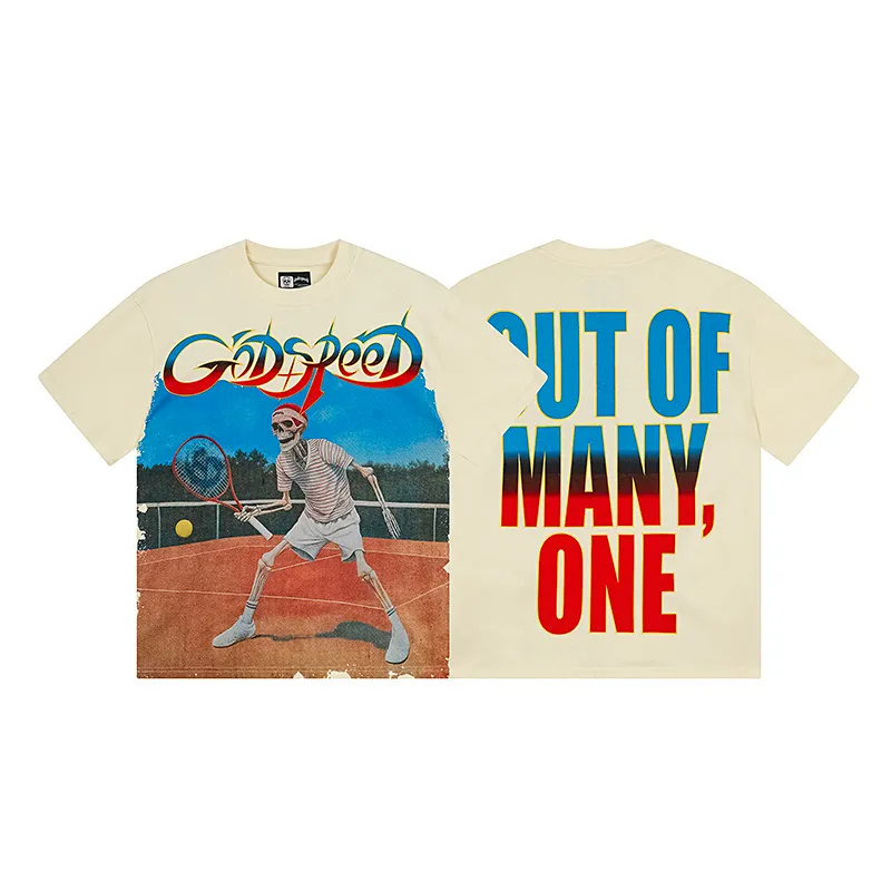 3170# P106 Real shot Godspeed American fashion rock street retro loose printed cotton short sleeves Fabric: 240g 32 count fine cotton double yarn pure cotton Color: apricot Size: S M L XL